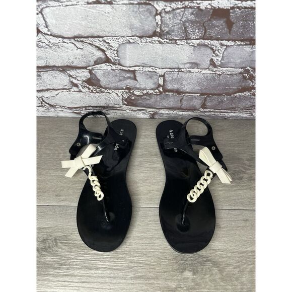 Kate Spade Bennett Black White Bow Jelly Rubber Flat Sandals Women Sz 9M US/40EU - Picture 10 of 16